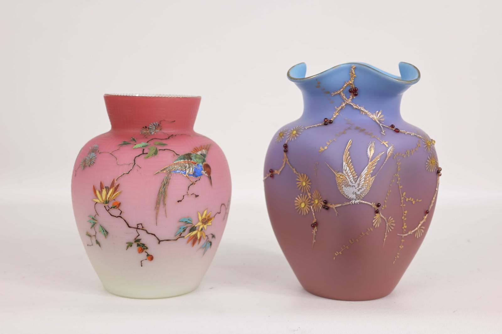 (2) Satin Glass Vases w/ Bird Motif, Loetz "Alpen" (1 of 6)