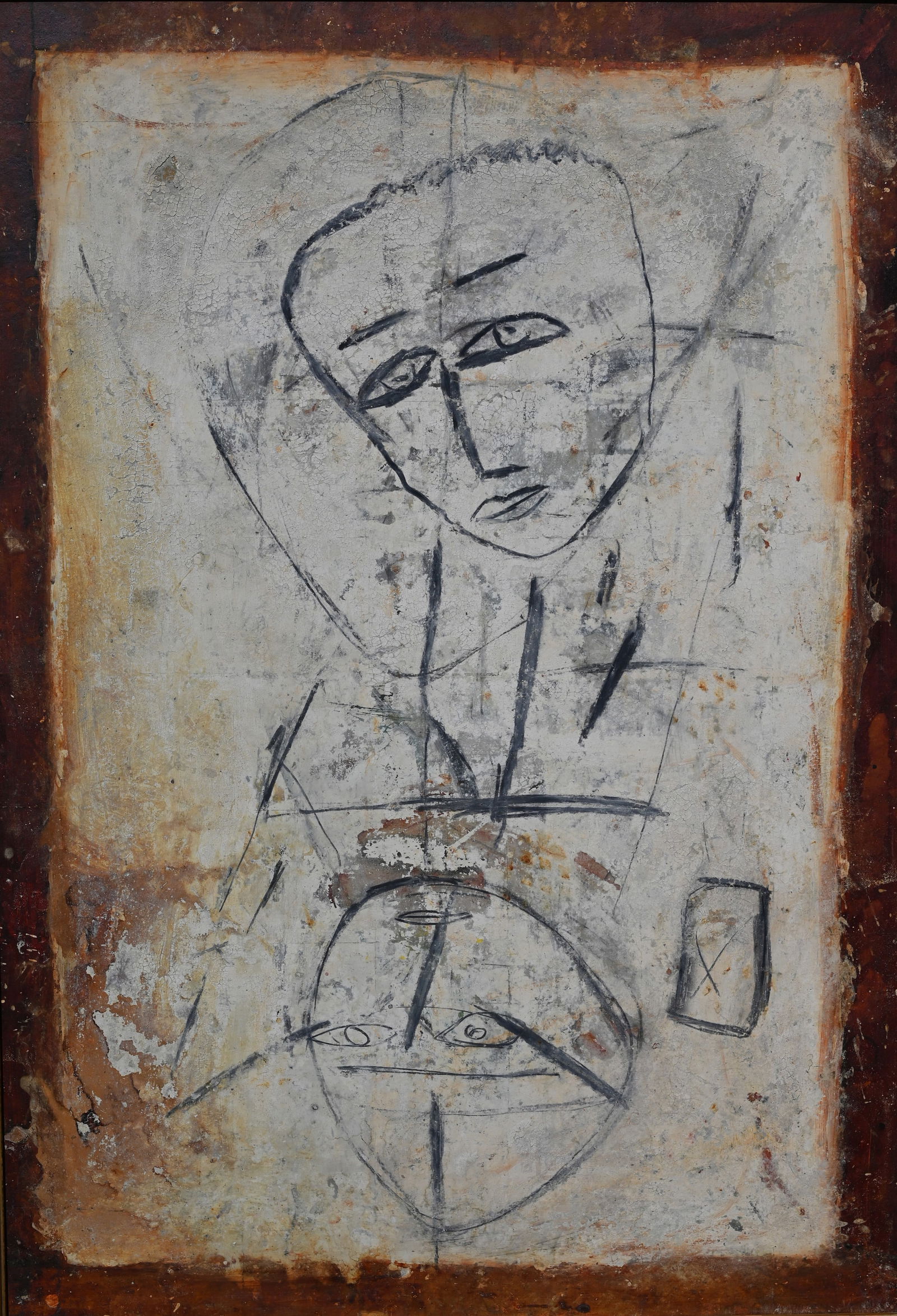 Jamali (b. 1944) "Figure and Mask": Jamali (Aqdas Hussain Khan) (Pakistani/American, b. 1944) "Figure and Mask" Pigmentation on Cork. Comes with COA. Sight Size: 63 x 45 in. Overall Framed Size: 65 x 47.5 in.