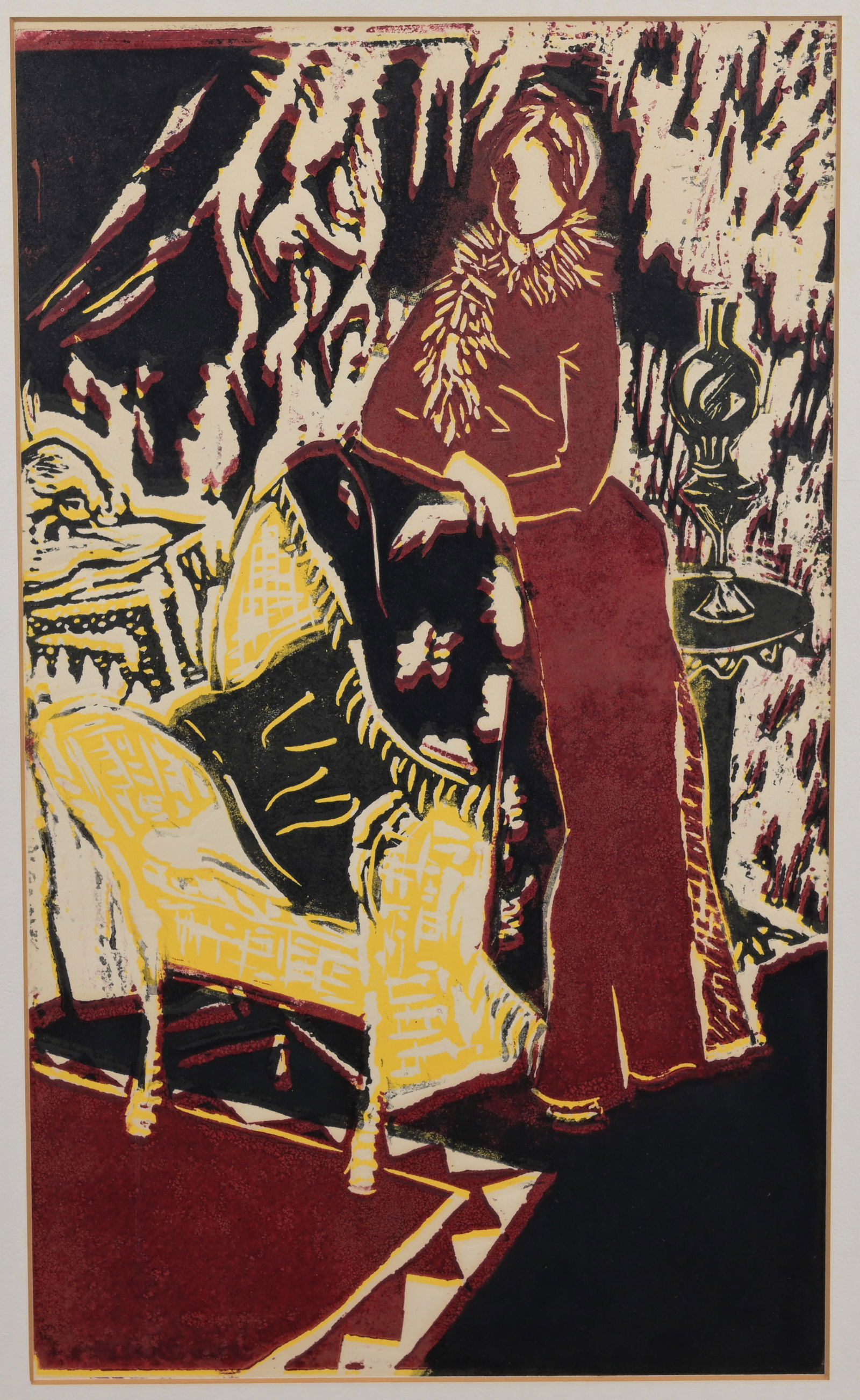 Unsigned Color Linoleum Cut: Unsigned Color Linoleum Cut Sight Size: 17.75 x 10.5 in. Overall Framed Size: 25 x 17.25 in. Framed behind glass.