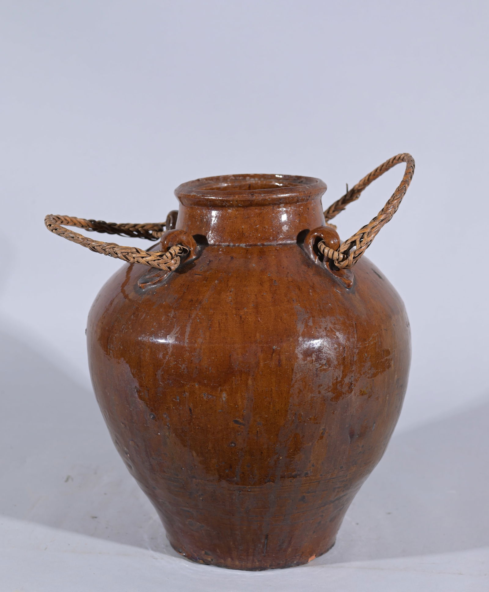 Antique Chinese Martaban Glazed Vessel: Antique Oriental Martaban Glazed Vessel w/ Woven Handles Height: 12 in.