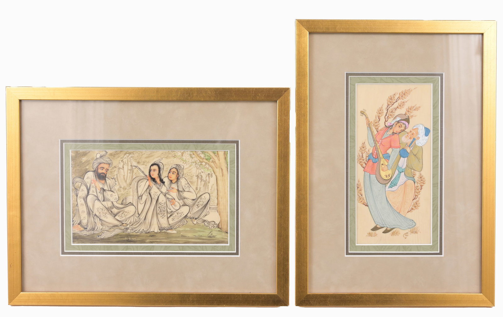 (2) Hand Painted Persian Miniatures on Bone: (2) Hand Painted Persian Miniatures on Bone. Largest Overall Framed Size: 10.5 x 13.5 in. Framed behind glass.