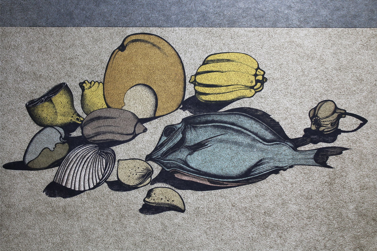 Mihail Chemiakin "Nature Morte w/ Fish" (58/78): Mihail Chemiakin (New York, Russia born 1943) "Nature Morte w/ Fish" Color Lithograph on Japan paper. Numbered (58/78) lower left. Signed lower right. Chemiakin's work is in the permanent collections