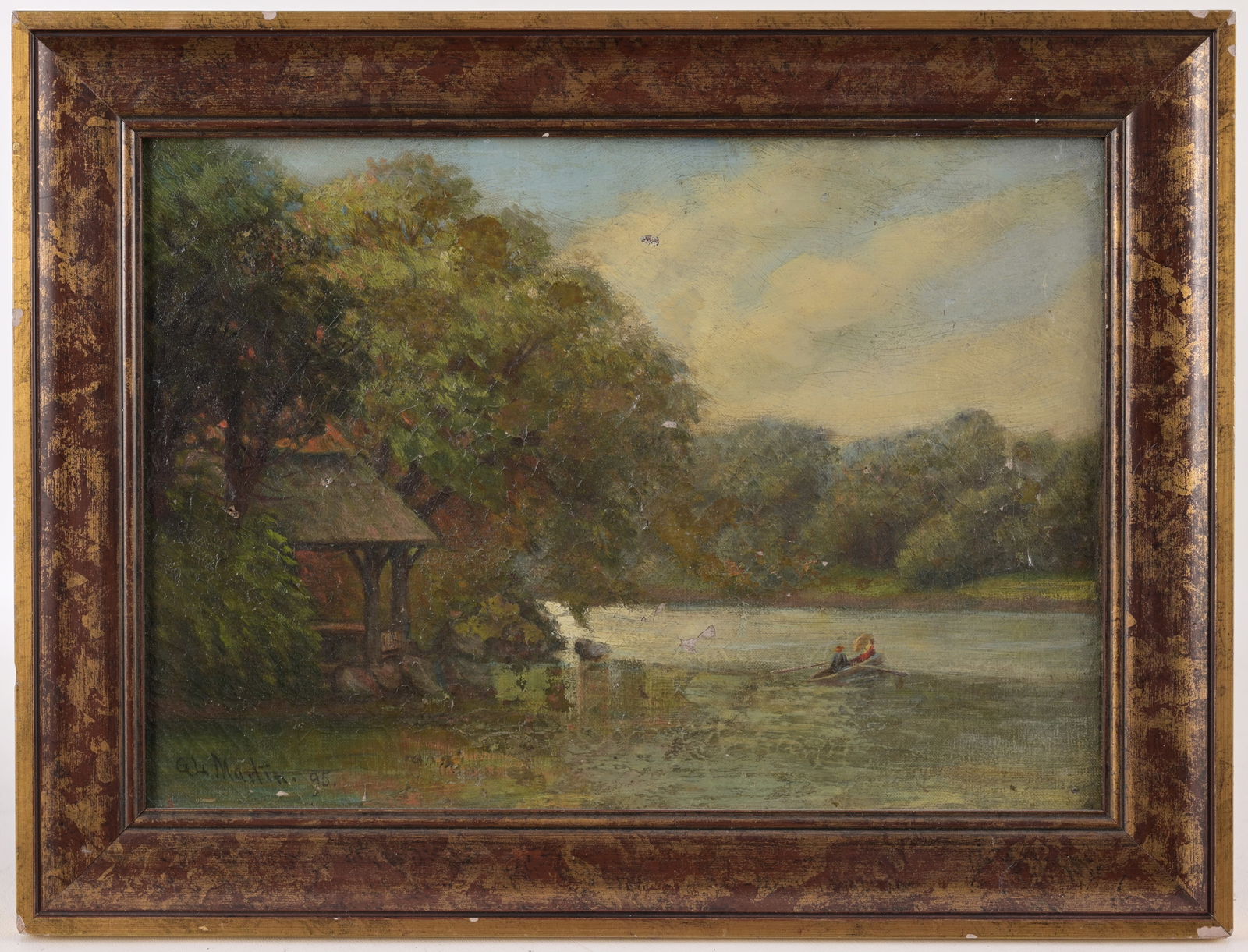 19th C. American School: 19th C. American School painting of figures in a canoe on the lake. Signed and dated '95 lower left. Oil on canvas. Sight Size: 10 x 14 in. Overall Framed Size: 13 x 17.5 in.