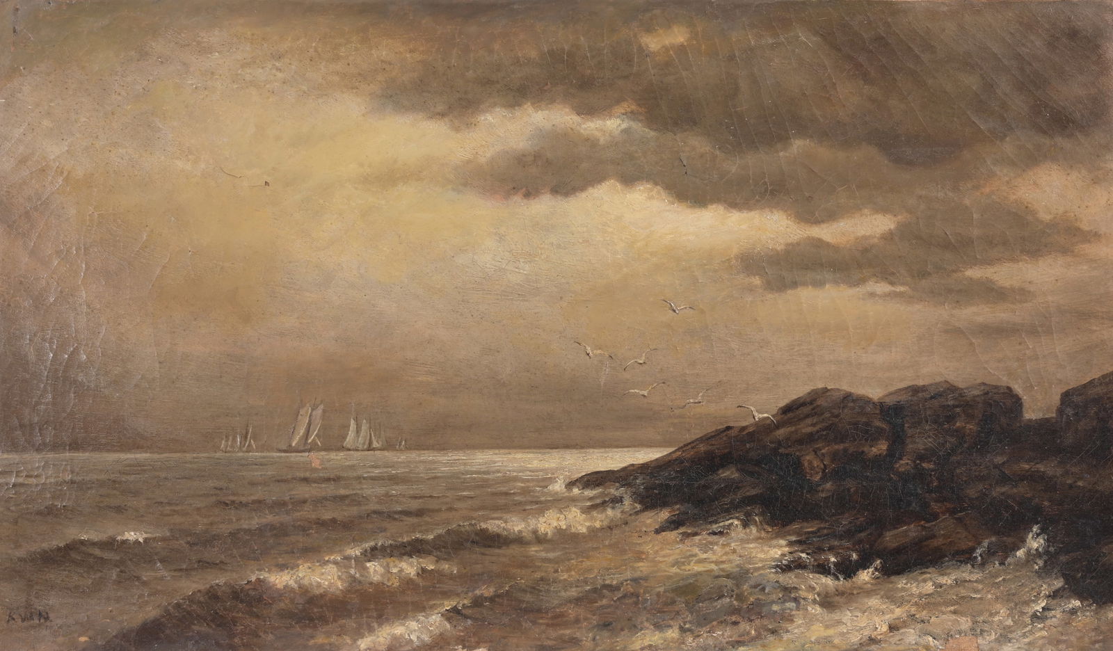 19th C. American School Coastal Scene.  Signed (1 of 3)