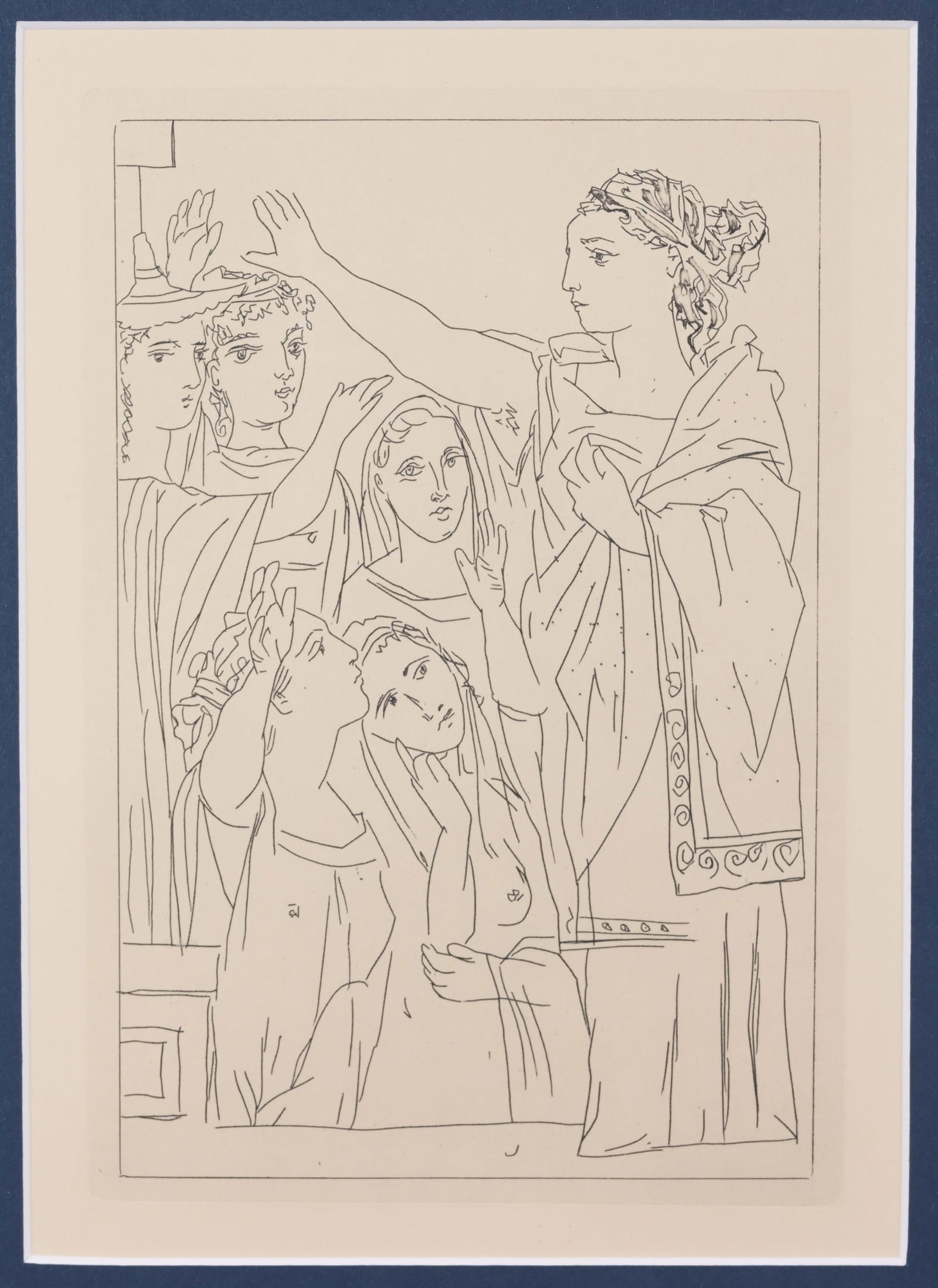 After Picasso "Serment des Femmes": After Pablo Picasso (Spanish, 1881 - 1973) "Serment des Femmes" (Oath of the Women) from pl. 1 of Lysistrata, a later edition, after the 1934 printing, on wove paper. Impression Size: 8 x 5.5 in. Over