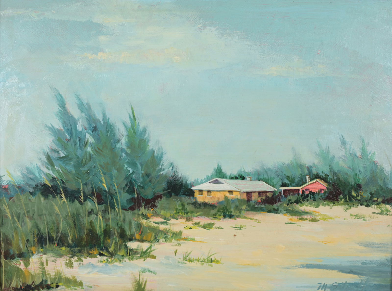 Marie Schaeffer, Lido Beach Florida Painting: Marie Schaeffer, Lido Beach Florida Painting. Mid 20th century. Acrylic on Board. Signed lower right. Sight Size: 12 x 16 in. Overall Framed Size: 17.5 x 21.5 in.