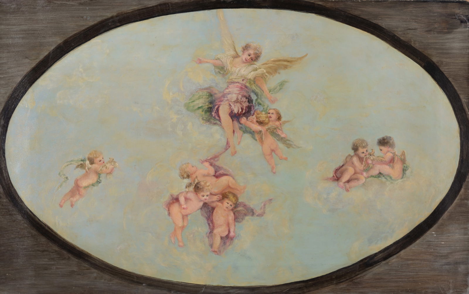 19th C. European School: 19th C. European School Painting of Cherubds. Oil on canvas. Appears to be unsigned. Size: 18.5 x 29 in. Unframed.