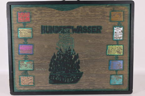 Friedenreich Hundertwasser Wood Portfolio Case: Friedensreich Hundertwasser (Austrian, 1928-2000) Regentag Wood Portfolio Case, 1971-1972, screenprint in colors on wood with metallic foil, (00989/3000), signed and numbered inside front panel. Case