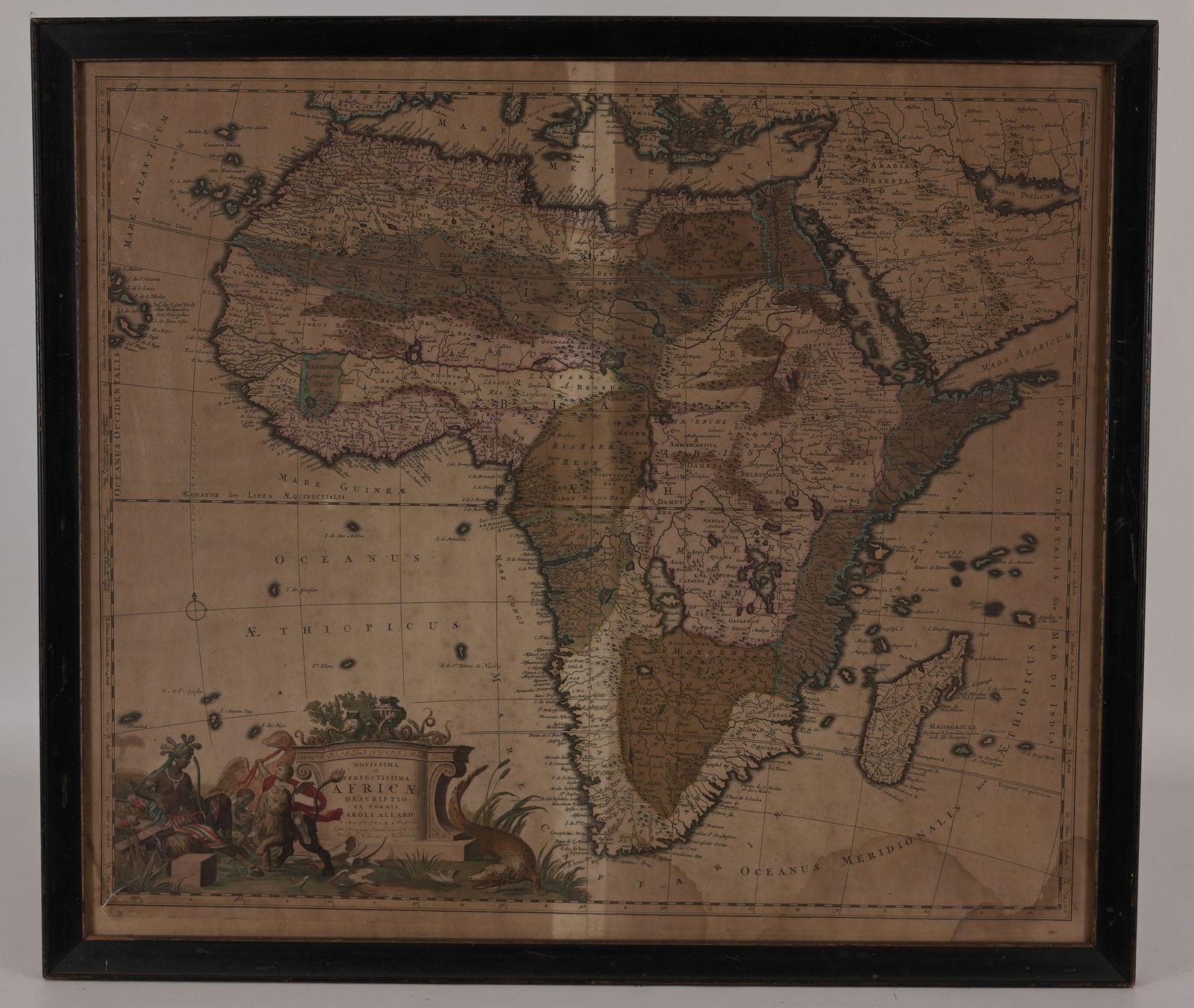Antique Handcolored Map of Africa: Antique Handcolored Map of Africa Overall Framed Size: 22.75 x 26 in. Framed behind glass.
