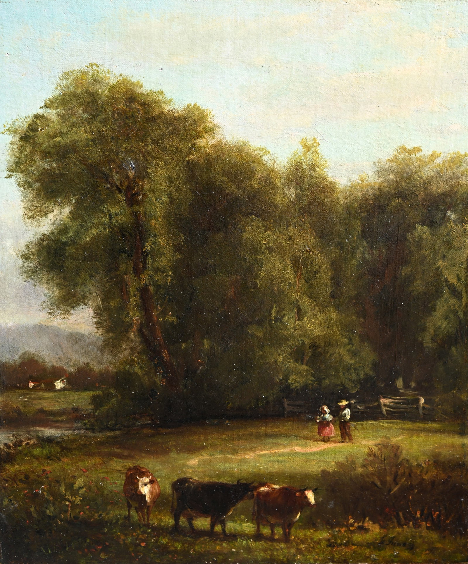 Attr. George Inness (American, 1825 - 1894): Attributed George Inness (American, 1825 - 1894) Landscape painting with cows and figures. Oil on Canvas laid on Metal. Signed lower right. Provenance: Private Long Island New York collection. Panel S