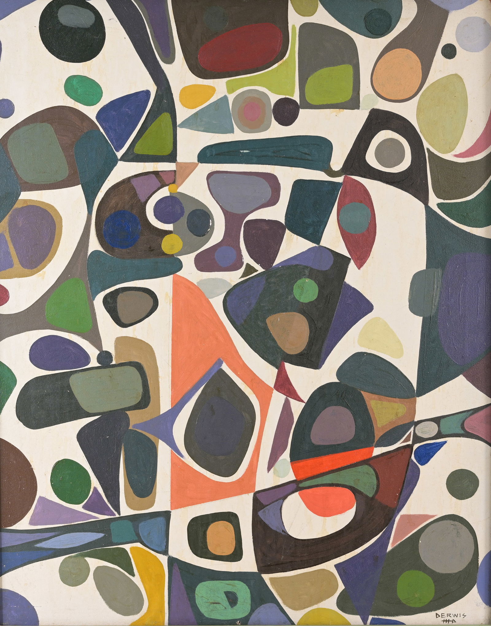 Melvin Derwis (American, 1916 - 2000): Melvin Derwis (American, 1916 - 2000) Abstract oil on canvas painting. Signed lower right. Sight Size: 30 x 24 in. Overall Framed Size: 35.5 x 29.5 in.