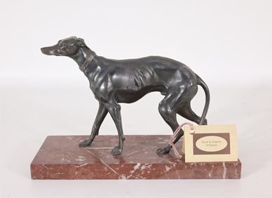 Silvered Bronze Whippet Dog on Marble Base