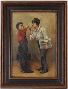 Manner of John George Brown (1831-1913): Manner of John George Brown (1831-1913) American School painting of two young boys smoking cigarettes. Oil on panel. Appears to be unsigned, has not been examined out of frame. Sight Size: 16 x 11.5 i