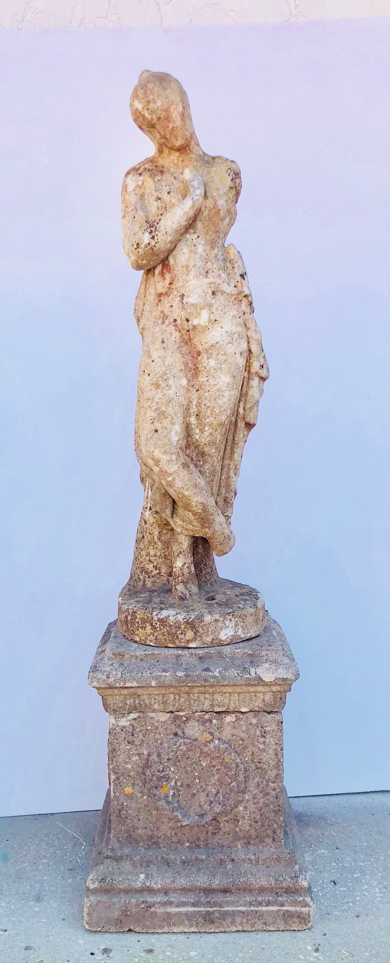 Possibly Greek or Roman, Old Carved Marble Figure: Old Carved Marble Figure of a Woman. Possibly Greek or Roman, on a modern stone base. Marble Figure Height: 32.5 in. Total height including stand: 49 in.