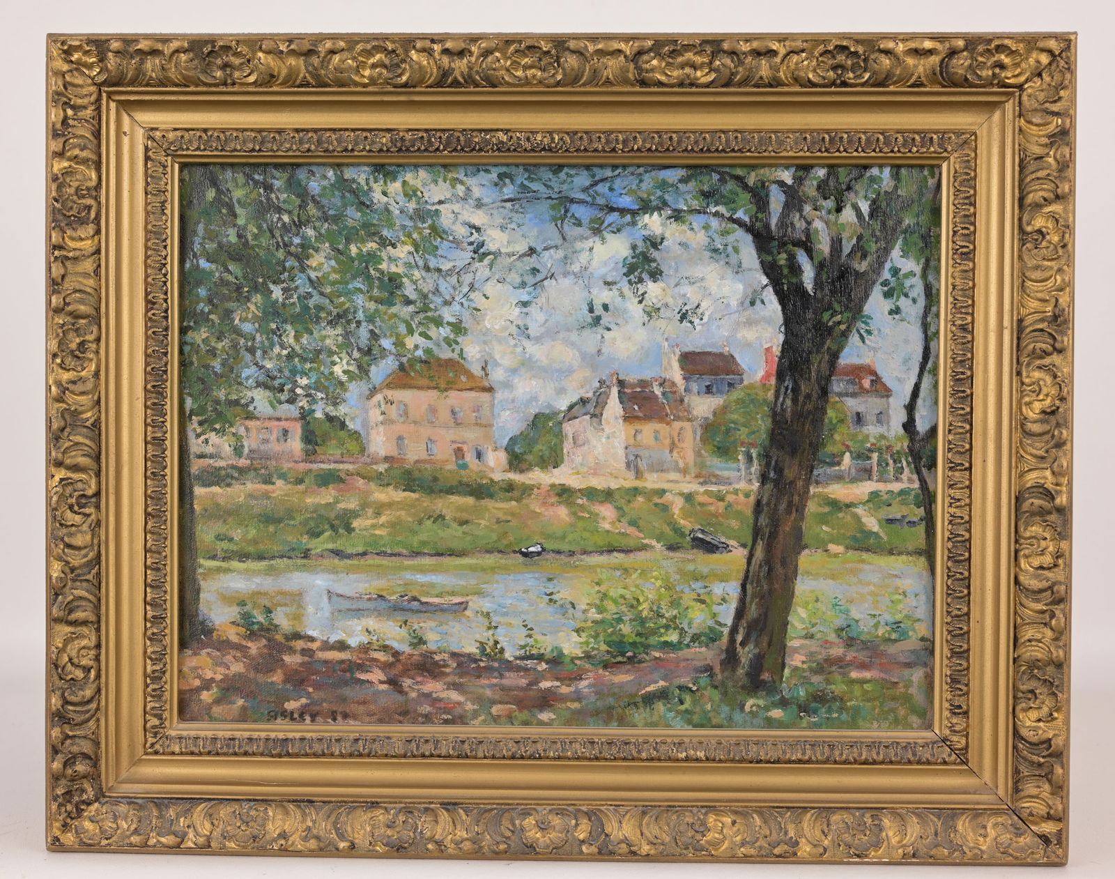 After Sisley "Village on the Seine": After Alfred Sisley (France, 1839 - 1899) "Village on the Seine, Villeneuve-la-Garenne" (1872) Oil on Canvas. Bearing signature and date lower left. Old Russian label verso. Sight Size: 12 x 15.75 in.