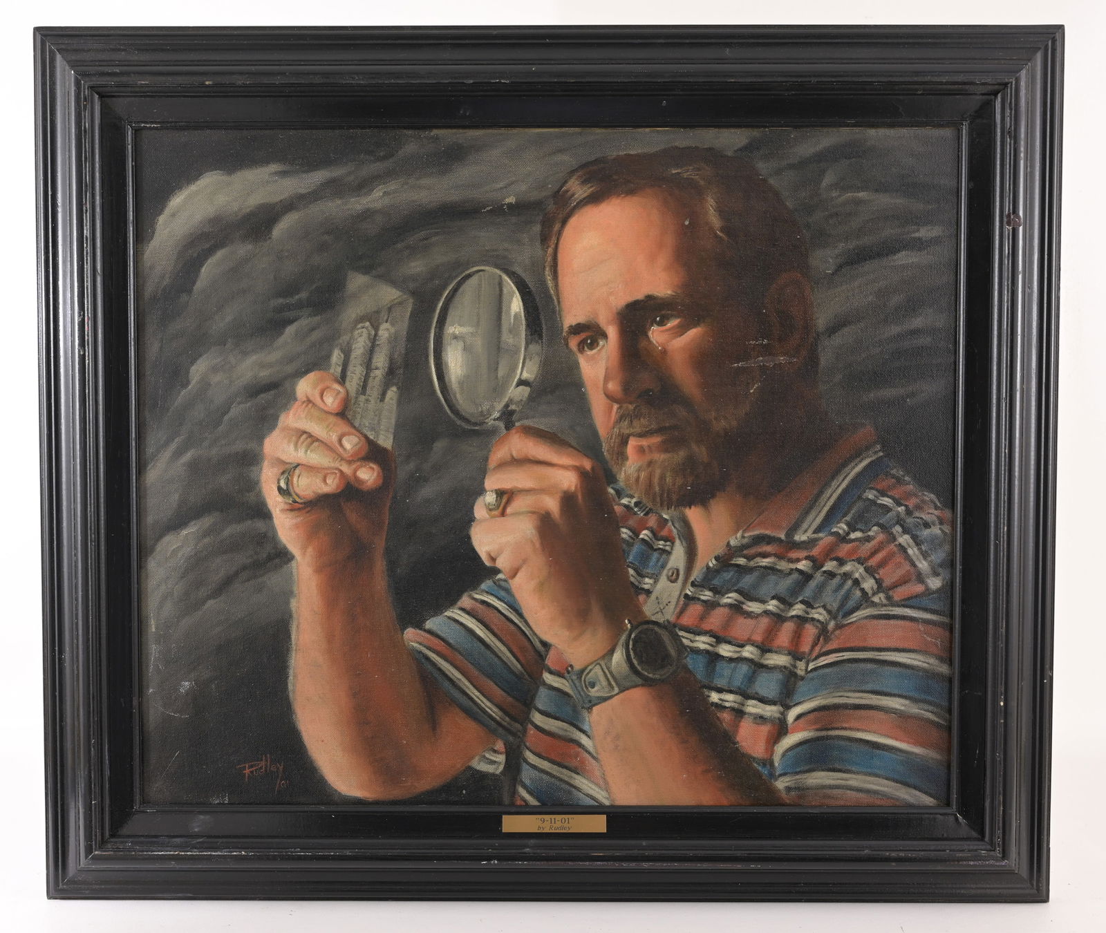 Irv Rudley (FL, 20th C.) "9-11-01": Irv Rudley (FL, 20th C.) "9-11-01" Oil on Canvas. Signed and dated ('01) lower left. Sight Size: 20 x 24 in. Overall Framed Size: 25.5 x 29.5 in.