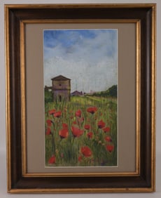 Signed, 20th C. Landscape with Poppies