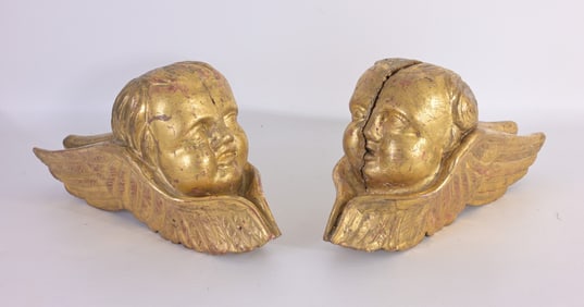 (2) Italian Hand Carved & Gilded Winged Cherubs