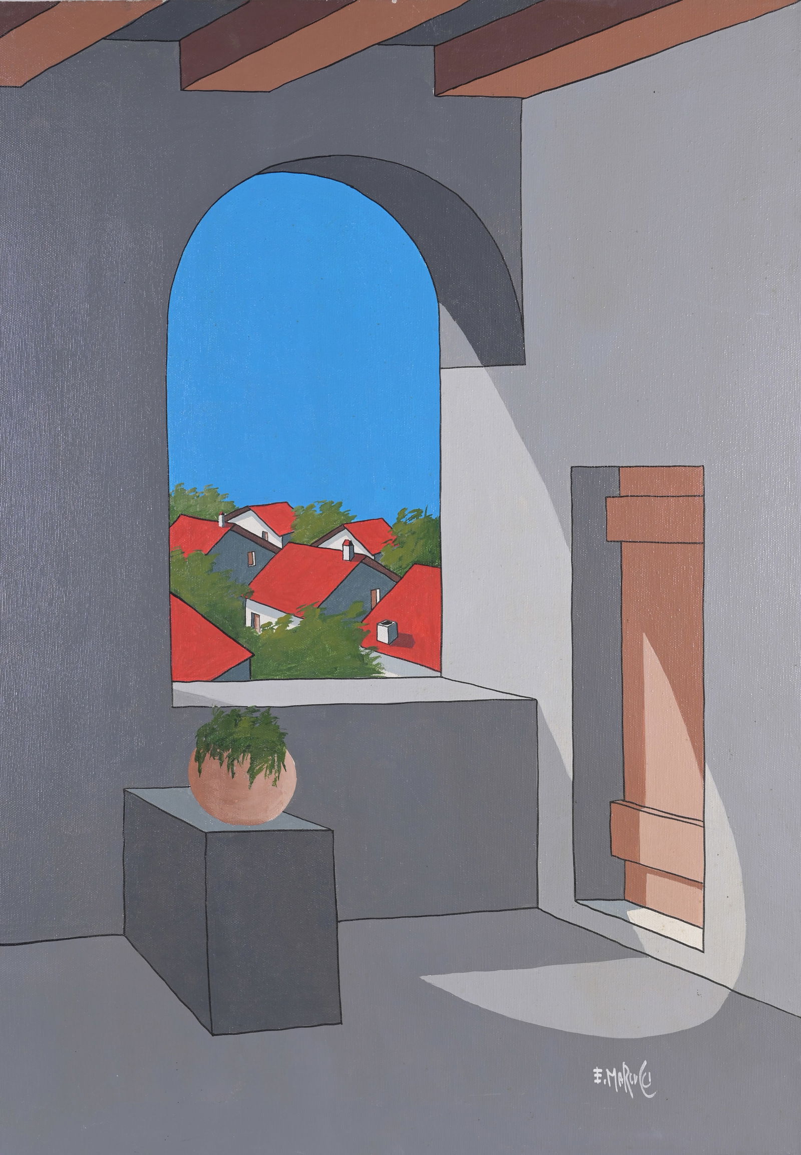 1980's Italian Architectural Rendition: 1980's Italian Architectural Rendition, Oil on Canvas, Signed E. Marcucci Size: 27.5 x 19.5 in. Unframed.