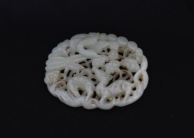 Chinese Jade Pendant of Deers & Crane