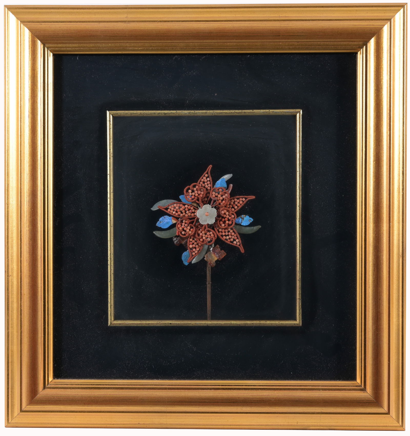 Chinese Kingfisher Crown Pin Framed: Chinese Kingfisher Crown Pin Framed Height of Pin: 5 in. Overall Framed Size: 15 x 14 in. Framed behind glass.