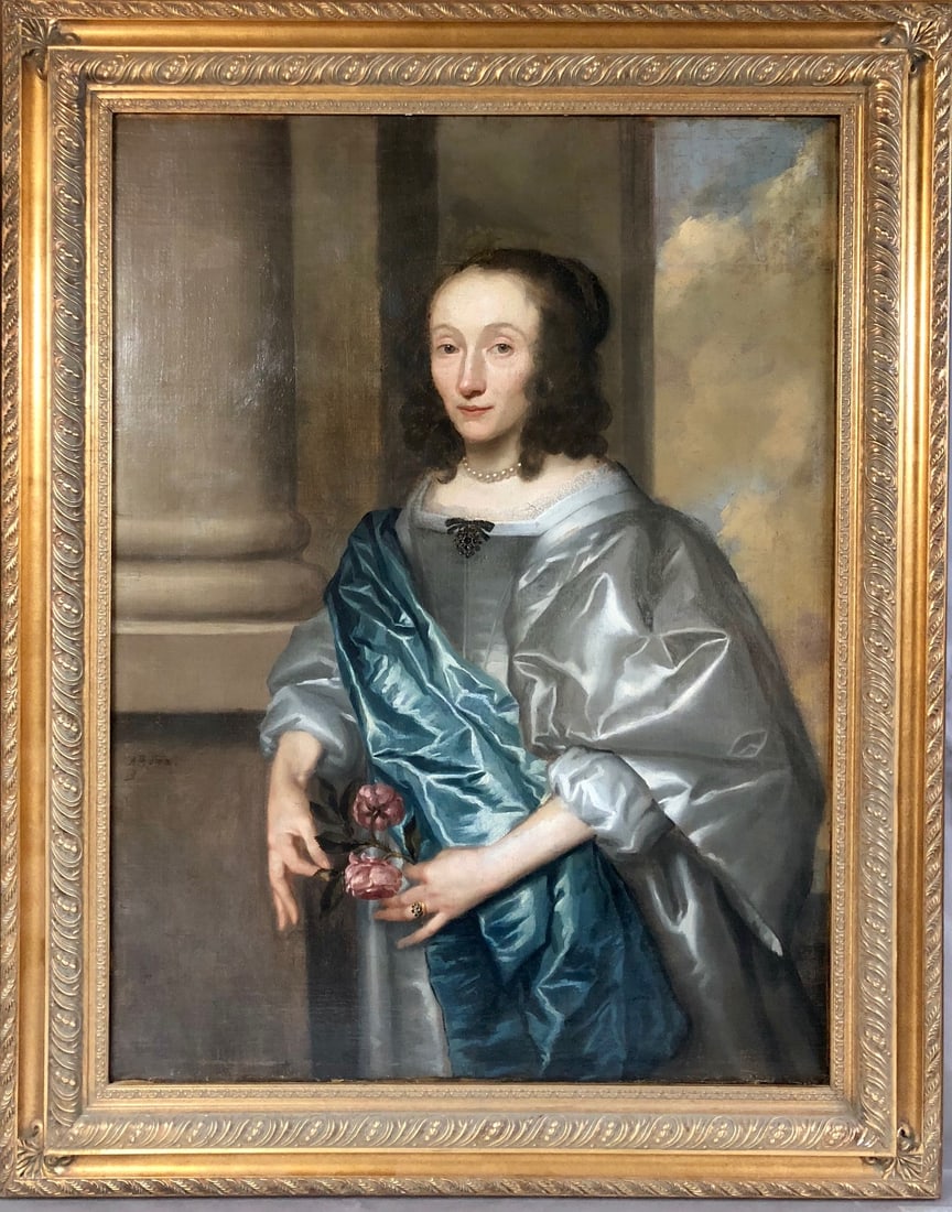 Attri. Adriaen Hanneman (Dutch 1603 - 1671): Attributed Adriaen Hanneman (Dutch 1603/4 - 1671) Portrait of a Noble Lady holding Roses Possibly signed with initials and dated (1652) left center. Oil on Canvas. Sight Size: 40 x 30 in. Overall Fram