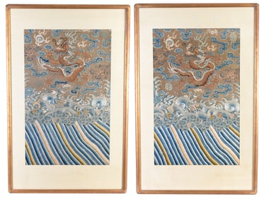 (2) Early Antique Chinese 5 Claw Dragon Silk Embroidery