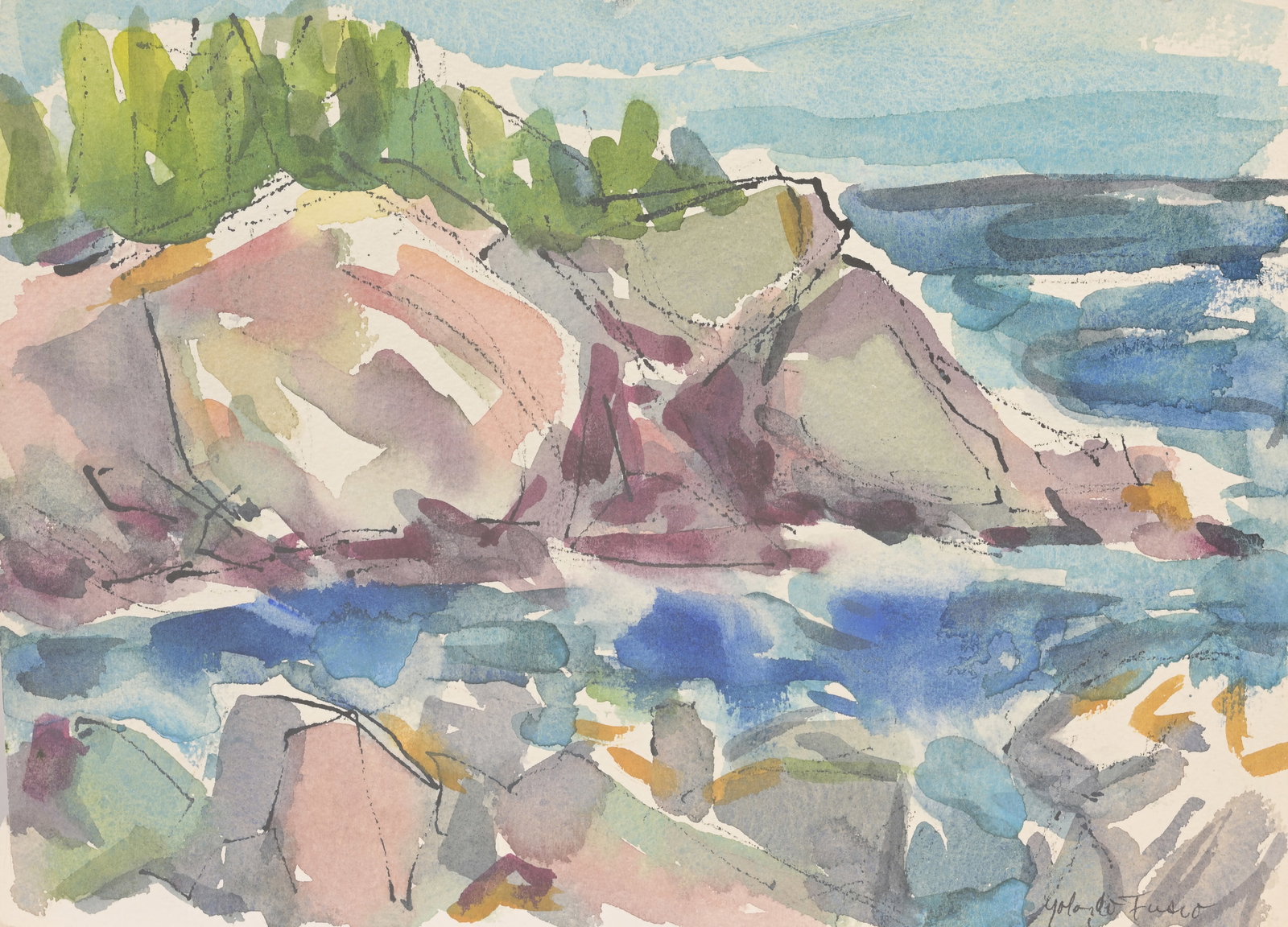 Yolanda Fusco (NY, 1920 - 2009) Monhegan: Yolanda Fusco (NY, 1920 - 2009) Watercolor of a coastal seascape, likely Monhegan Maine. Signed lower right. Provenance: Estate of the artist. Size: 9 x 12 in. Unframed