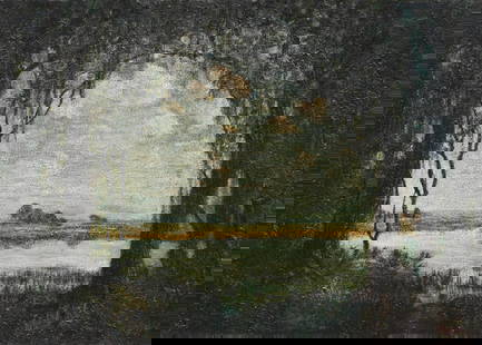 Harry Fluhart-Williams (1861-1938) Early FL Ptg: Harry Davis Fluhart-Williams (Indiana, Florida, Illinois, 1861 - 1938) Early Florida landscape painting with a lake in the distance. Oil on board. Signed lower right. Provenance: Private Atlanta