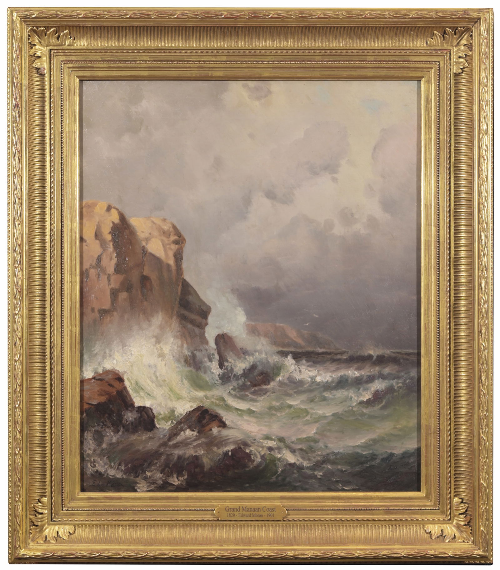 Edward Moran (New York, Pennsylvania, 1829 - 1901): Edward Moran (Pennsylvania, New York, 1829 - 1901) "Grand Manan Coast" Coastal Seascape painting. Housed in a later added 22k gold leaf fluted cove frame. Seascapes were Edward Moran's fort. By the 18