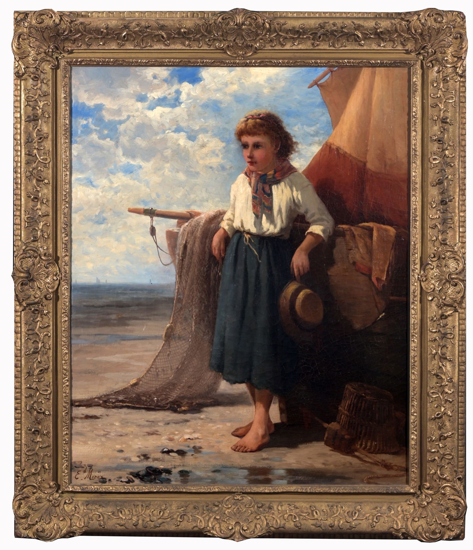 Edward Moran (American, 1829 - 1901): Edward Moran (Pennsylvania, New York, 1829 - 1901) "French Fisher Girl" Oil on Canvas. Signed lower left. Provenance: Perception: Private Texas Collection, 2004 to present; A Fine Art & Framing Galler