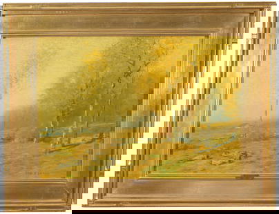 Bruce Crane (New York, Connecticut, 1857 - 1937): Bruce Crane (Connecticut, New York, 1857 - 1937) "Autumn Sunshine" Oil on Canvas. Signed lower right. Sight Size: 14 x 20 in. Overall Framed Size: 20 x 26 in.
