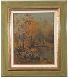 Arthur Vidal Diehl (MA, NY, 1870 - 1929): Arthur Vidal Diehl (Massachusetts, New York / England, 1870 - 1929) Autumnal landscape with figure. Oil on Canvas. Signed and dated ('04) lower right. Sight Size: 20 x 16 in. Overall Framed Size: