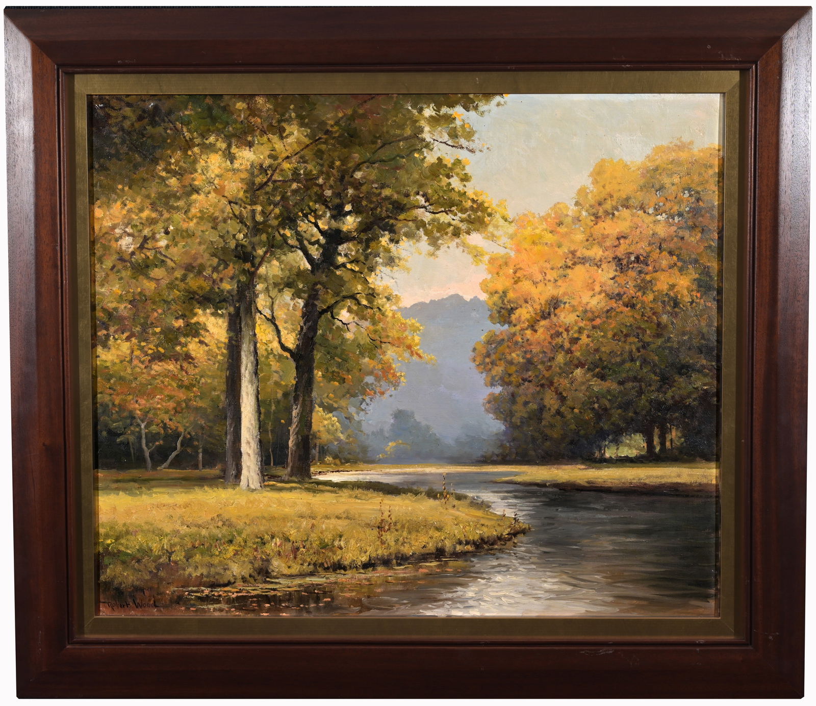 Robert Wood (TX, 1889-1979) Autumn in the Smokies: Robert Wood (California, Texas, Maryland / Canada, England, 1889 - 1979) "Autumn in the Smokies" Oil on Canvas. Signed lower left. Artist stamped/Titled verso. Sight Size: 25 x 30 in. Overall Framed S