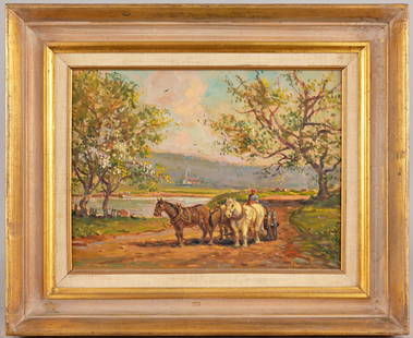 Wayne Morrell (1923 - 2013) "Bucks County": Wayne Morrell (American, 1923 - 2013) "Bucks County Farm Road" - New Hope Pennsylvania, 1975 Oil on Board. Signed lower left and titled lower right. Titled, signed, and inscribed verso. Sight Size: