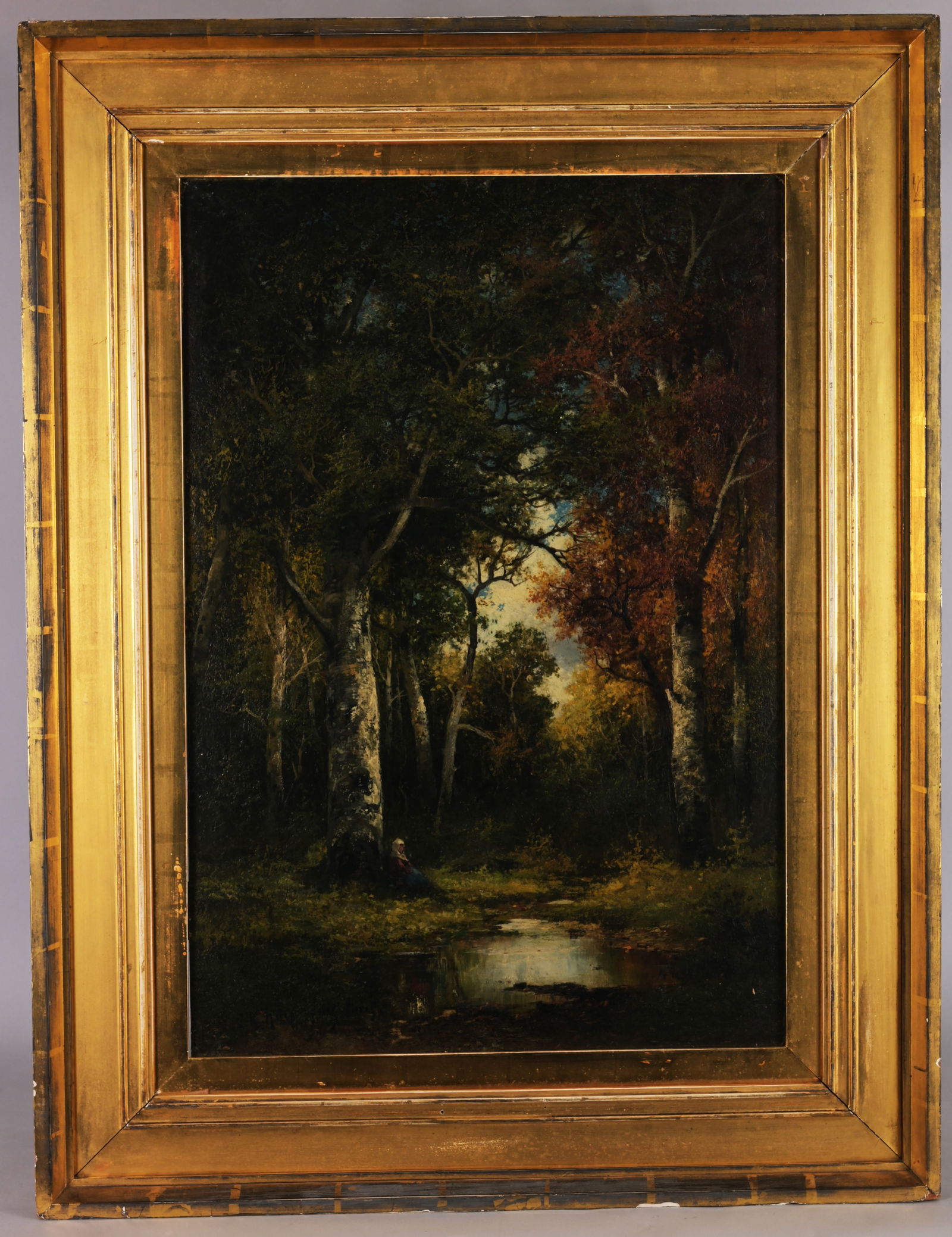 Henri Joseph Harpignies (French, 1819 - 1916): Henri Joseph Harpignies (French, 1819 - 1916) "Figure Seated Next to Woodland Pool" Barbizon Landscape painting. Oil on Panel. Signed lower left. Sight Size: 27 x 18.5 in. Overall Framed Size: 35.5 x