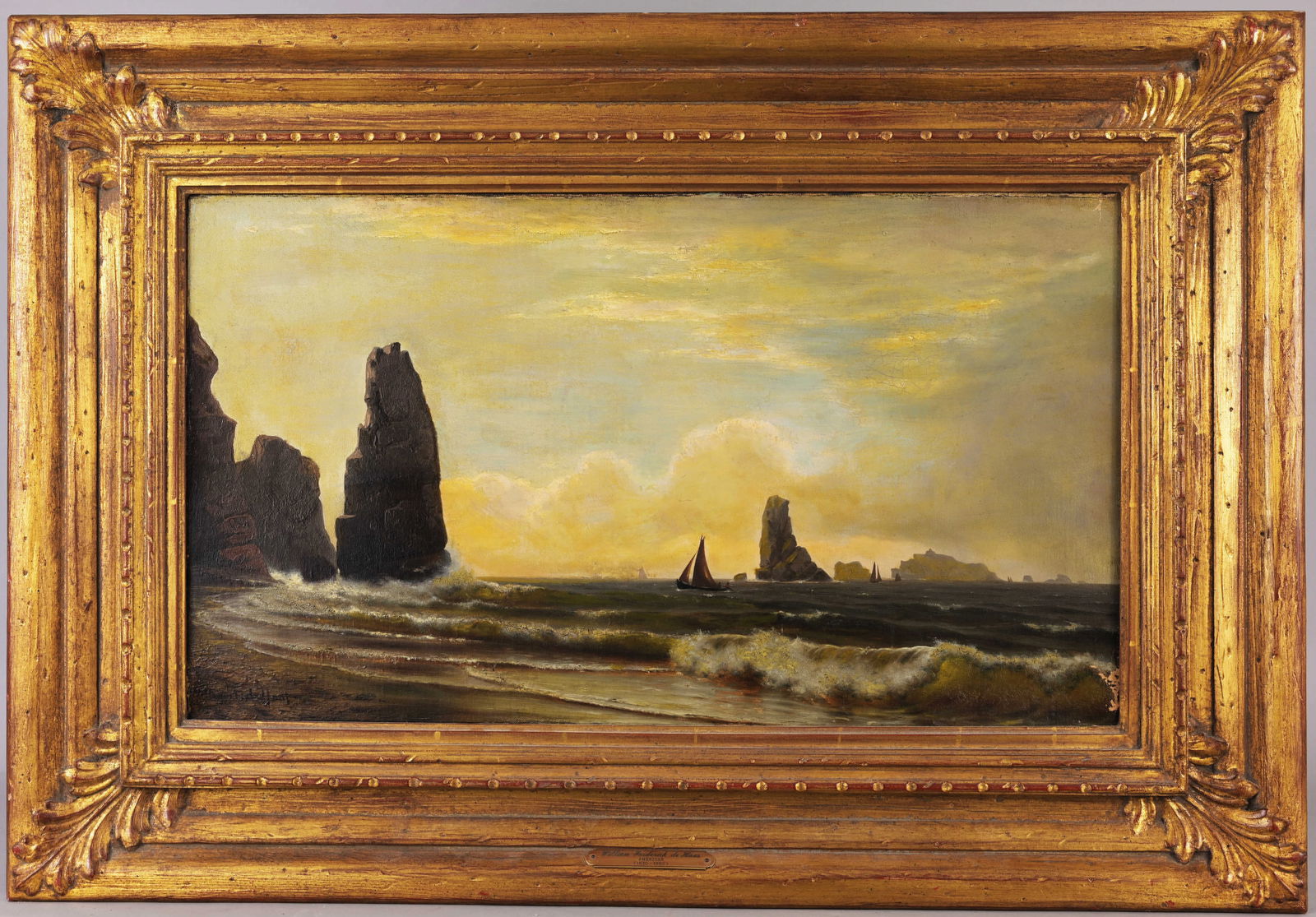 William Frederick De Haas (Maine, 1830 - 1880): William Frederick De Haas (Maine, 1830 - 1880) Coastal Scene Oil on Canvas. Signed lower left. Provenance: - Estate of Mr. and Mrs. Eugene Fleischer Condition: patch verso, tacking edge loose and tear