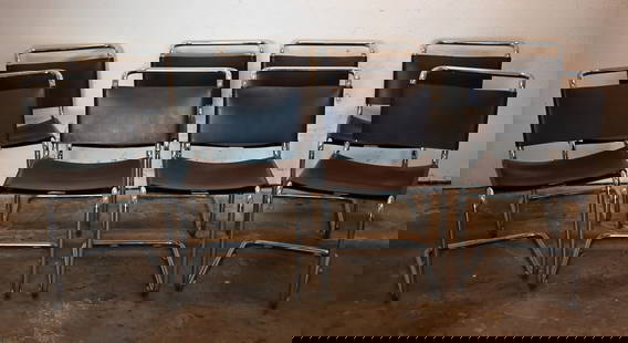(8) Mies Van Der Rohe Knoll Side Chairs: (8) Ludwig Mies van der Rohe (German-American, 1886-1969) for Knoll International, c.1978, brown leather back and seat with laced closures, chrome-plated tubular steel cantilever frame. 256CS MR armle