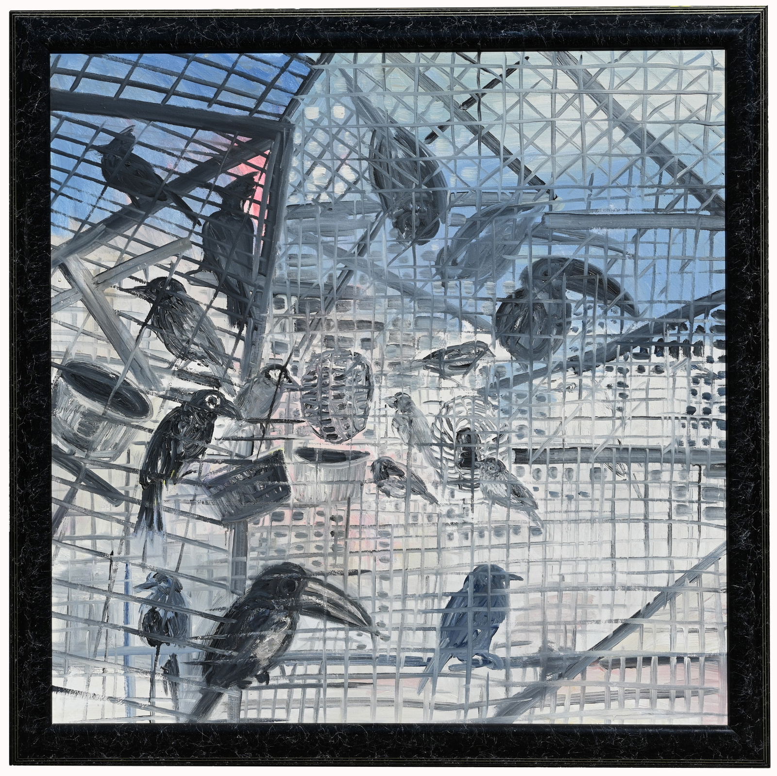 Hunt Slonem (American, b. 1951) 48 x 48 in: Hunt Slonem (American, b. 1951) Early oil on canvas painting depicting birds in the artist's studio atrium. Acquired directly from the artist. Signed and dated (1988) verso on canvas. Recognized for h