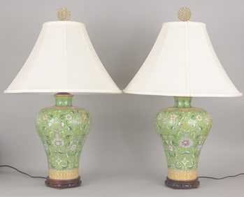 Pair Green Chinese Porcelain Famille Rose Lamps