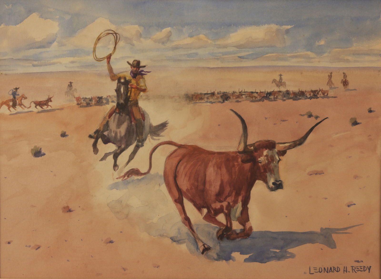 Leonard Howard Reedy (1899 - 1956): Leonard Howard Reedy (American, 1899 - 1956) Cowboy chasing Longhorn Watercolor on Paper. Signed lower right. Sight Size: 8 x 11 in. Overall Framed Size: 16.25 x 19.25 in. Framed behind glass.
