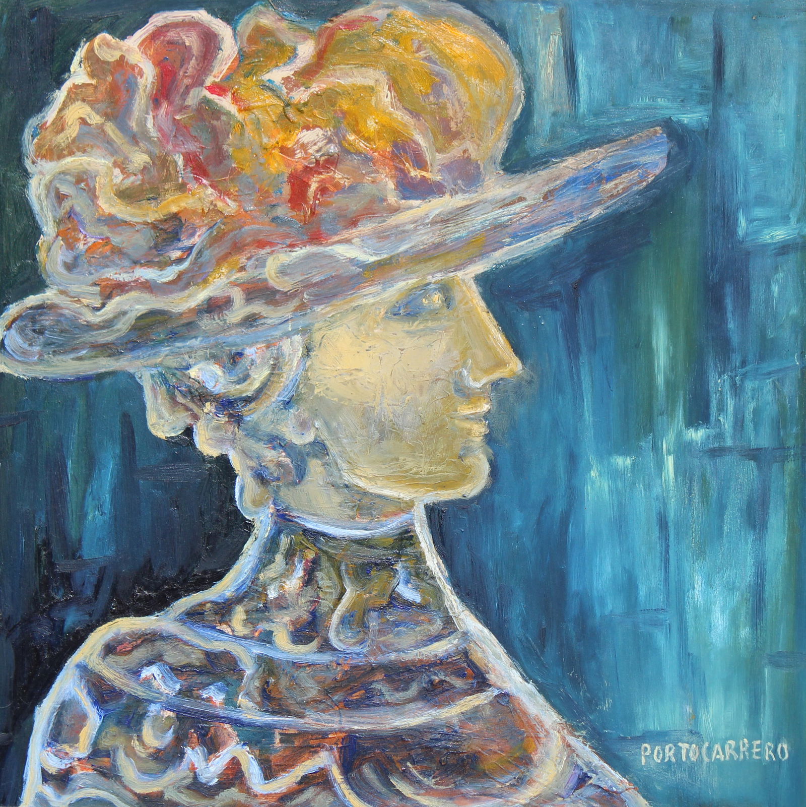 Cuban School "Portrait of Woman": Cuban School. Profile of an elegant woman. After Rene Portocarrero (Cuban, 1912-1985) Oil on board. Bearing signature lower right. Provenance: Private St. Petersburg Florida collection. Sight Size: 24