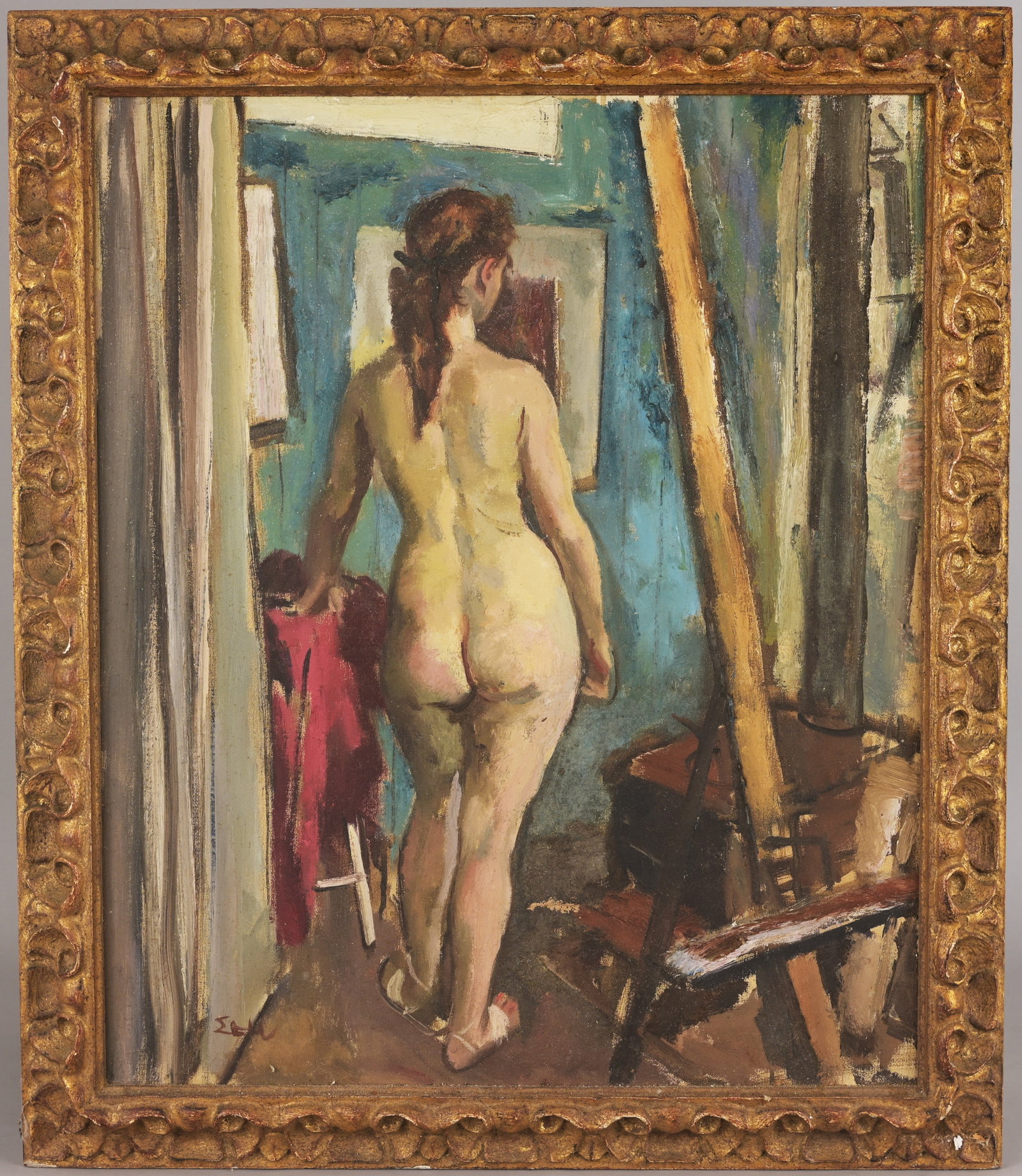 Signed, Early 20th C. Backside Nude: Signed, Early 20th C. Backside Nude Painting of a Woman. American School. Oil on Canvas. Signed lower left. Damage to canvas. Sight Size: 24 x 20 in. Overall Framed Size: 28 x 23.75 in.