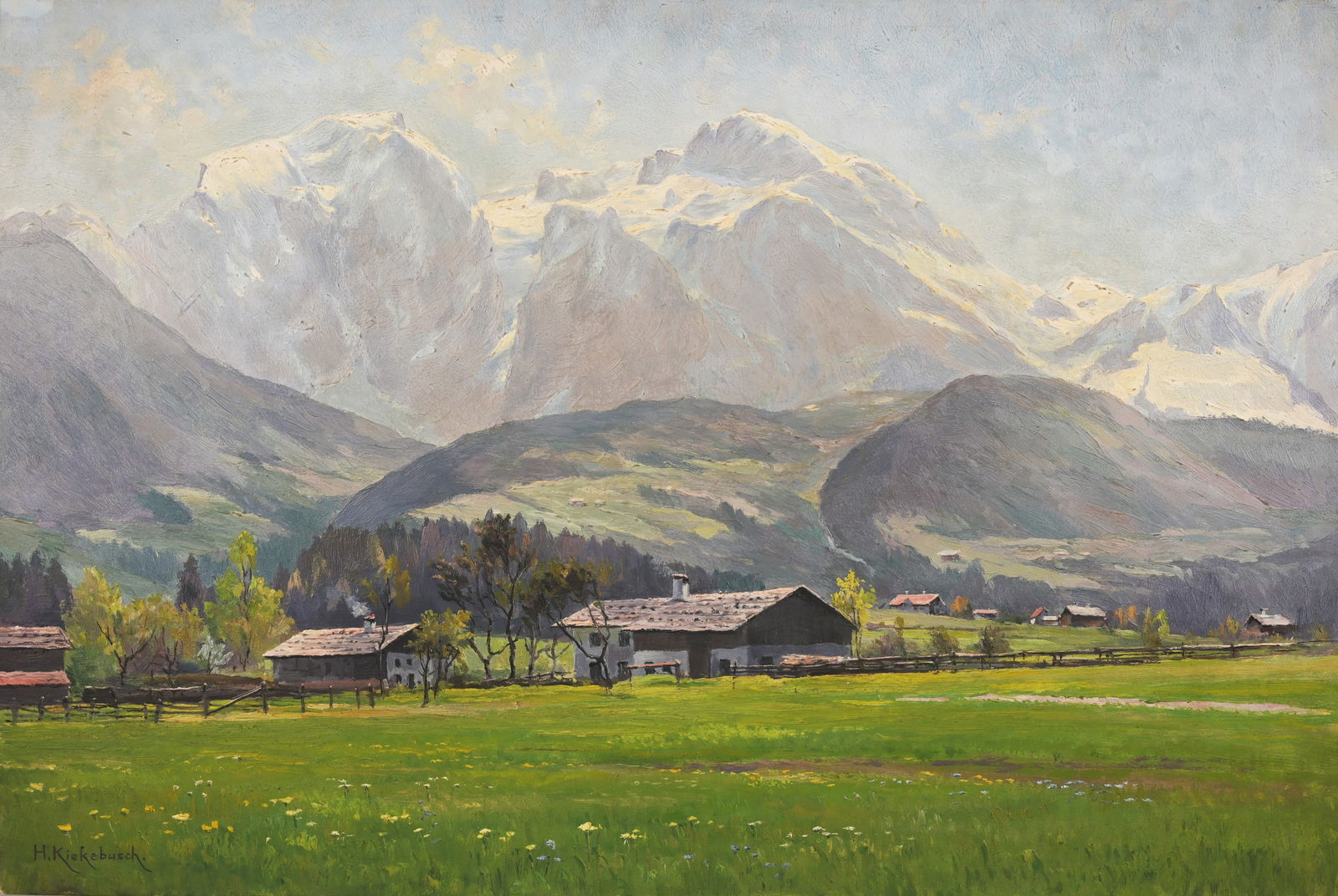 Herman Kiekebusch (B. 1857) "Hoher Goll": Herman Kiekebusch (Born 1857) "Hoher Goll near Berchtesgaden" Oil on Cardboard. Signed lower left. Size: 14 x 21 in. Unframed
