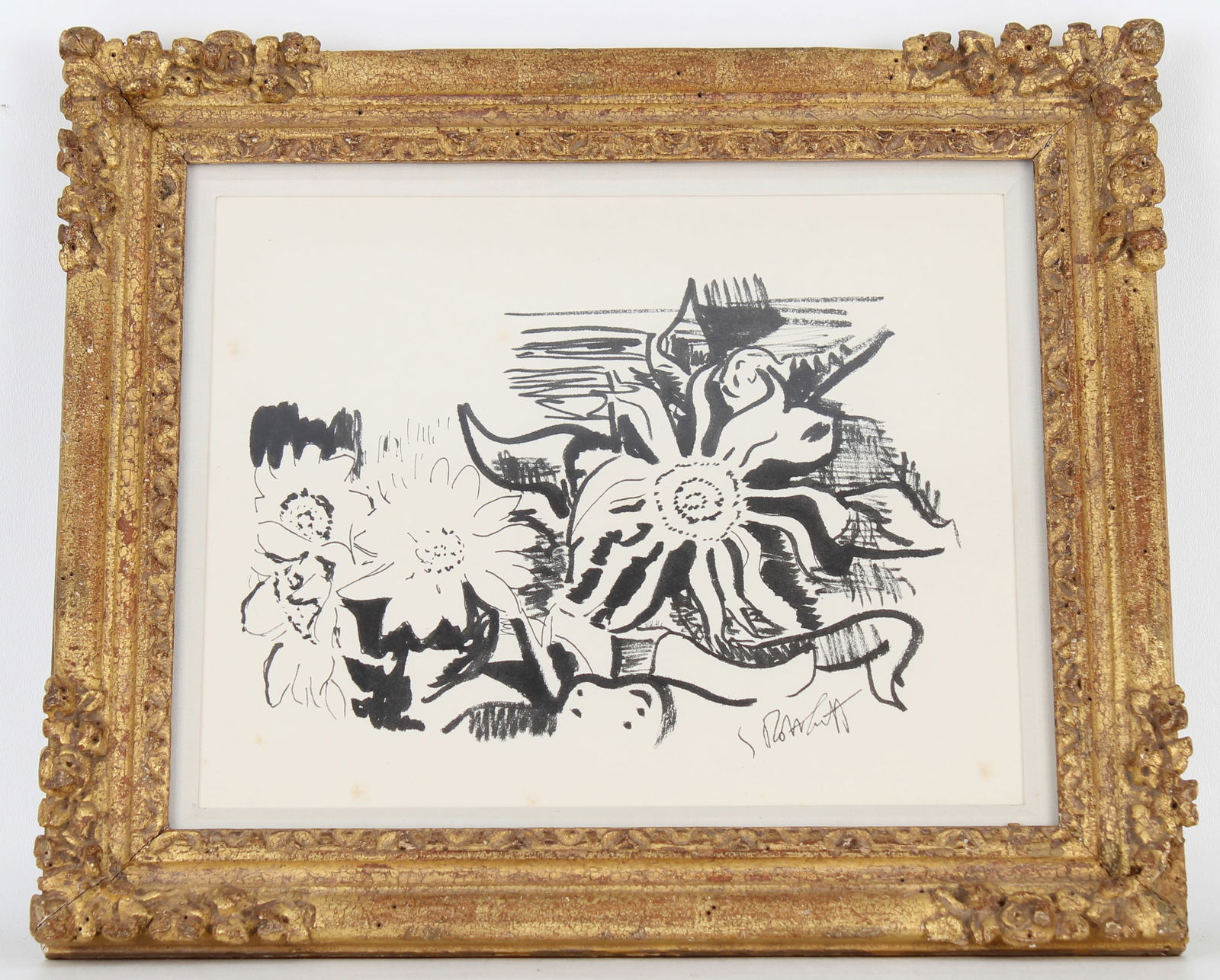 Signed, Abstract Marker on Paper "Flowers": Marker on Paper. Indistinctly signed lower right. Sight Size: 9 x 11.5 in. Overall Framed Size: 13.5 x 14.5 in.