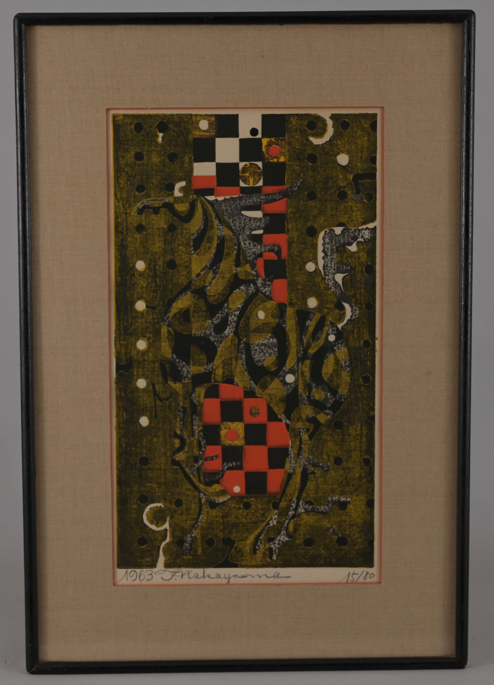 Tadashi Nakayama (1927 - 2014) "Raimei": Tadashi Nakayama (Japanese, 1927 - 2014) "Raimei" Thunderclap - 1963 Japanese Woodblock, Pencil signed and numbered (15/80) in lower margin. Sight size: 17 x 9.75 in. Overall framed size: 24.75 x 14.7