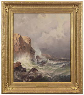 Edward Moran (American, 1829 - 1901): Edward Moran (Pennsylvania, New York, 1829 - 1901) "Grand Manan Coast" Oil on Canvas. Signed lower left. Housed in a later added 22k gold leaf fluted cove frame. Condition: There are two patches on th