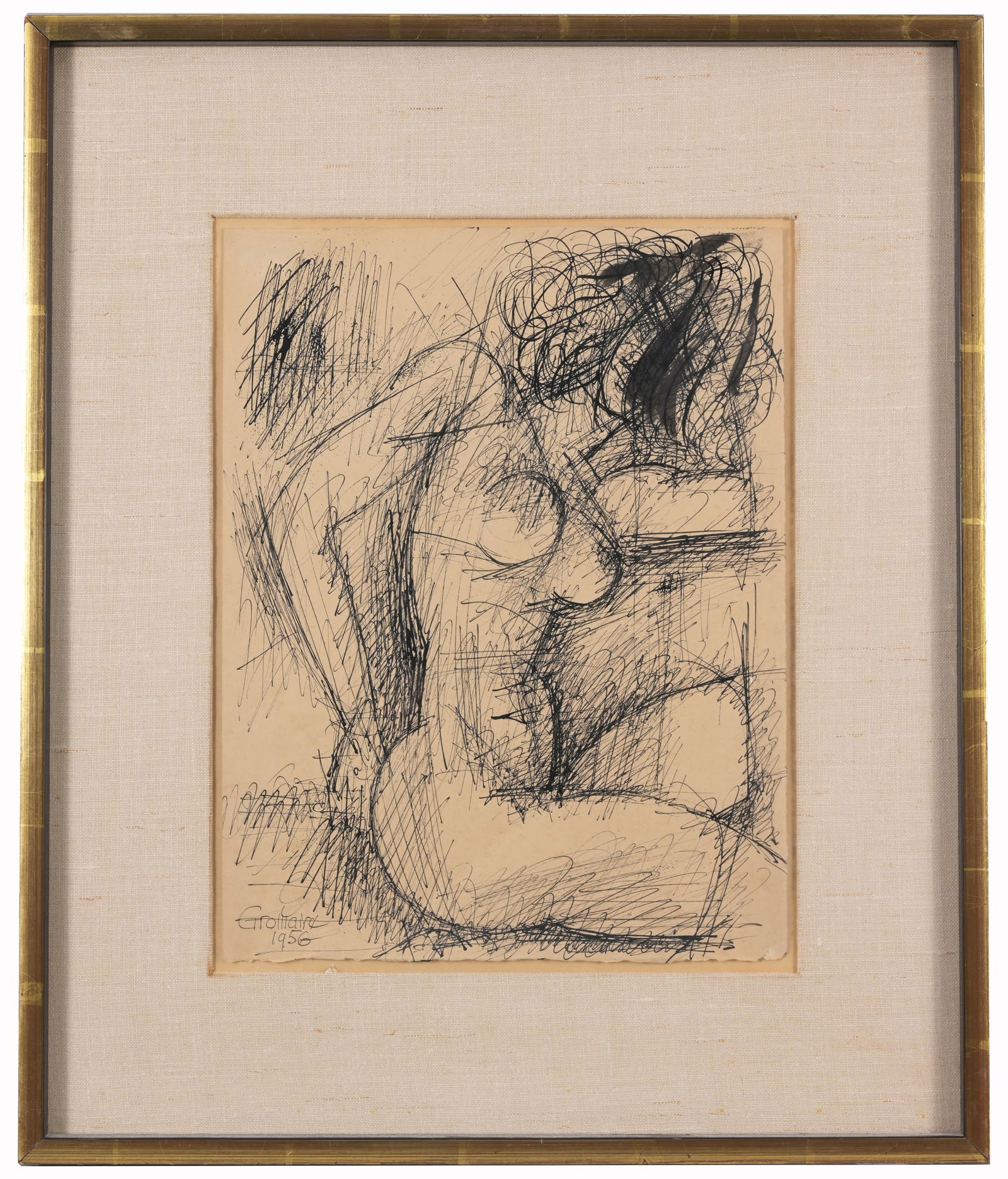 Marcel Gromaire (1892 - 1971) "Seated Nude": Marcel Gromaire (French, 1892 - 1971) "Seated Nude" Ink on Paper. Signed and dated (1956) lower left. Sight Size: 13 x 10 in. Overall Framed Size: 20.5 x 17 in. Framed behind glass.