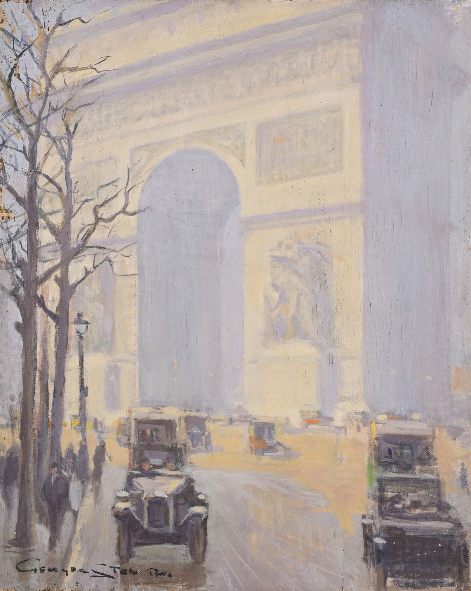 Georges Stein (1870 - 1930/55) Arc de Triomphe: Georges Stein (France, 1870 - 1930/55) "Paris, the Arc de Triomphe" Oil on Canvas. Signed lower left. Stamp on canvas verso. Size: 16 x 13 in. Unframed.