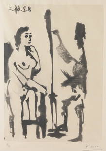 Picasso "Peintre et modele accoude" Aquatint X/XX: Pablo Picasso (Spain, 1881 - 1973) "Peintre et modele accoude" - 1964 Aquatint and Etching. Pencil signed and numbered (X/XX) lower margin. Literature: - Bloch 1188; Baer 1157B Plate Size: 15 1/16 x 1